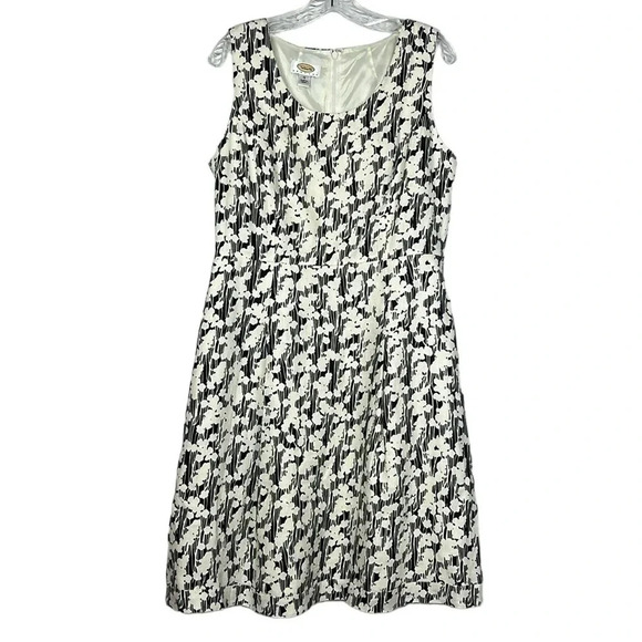 Talbots Linen Floral Cream Black Fit & Flare Lined Sleeveless Dress Sz 12P - Picture 1 of 16